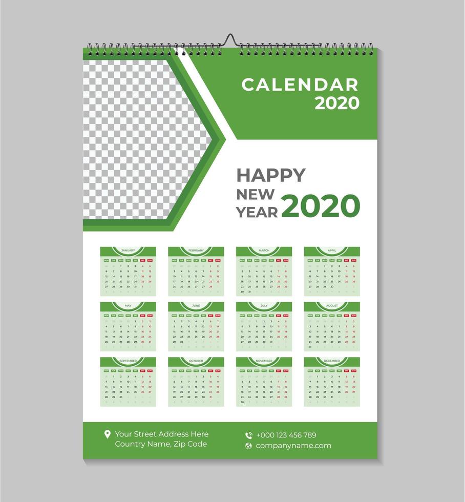 Plantilla de calendario de pared de año nuevo 2020 de una página vector