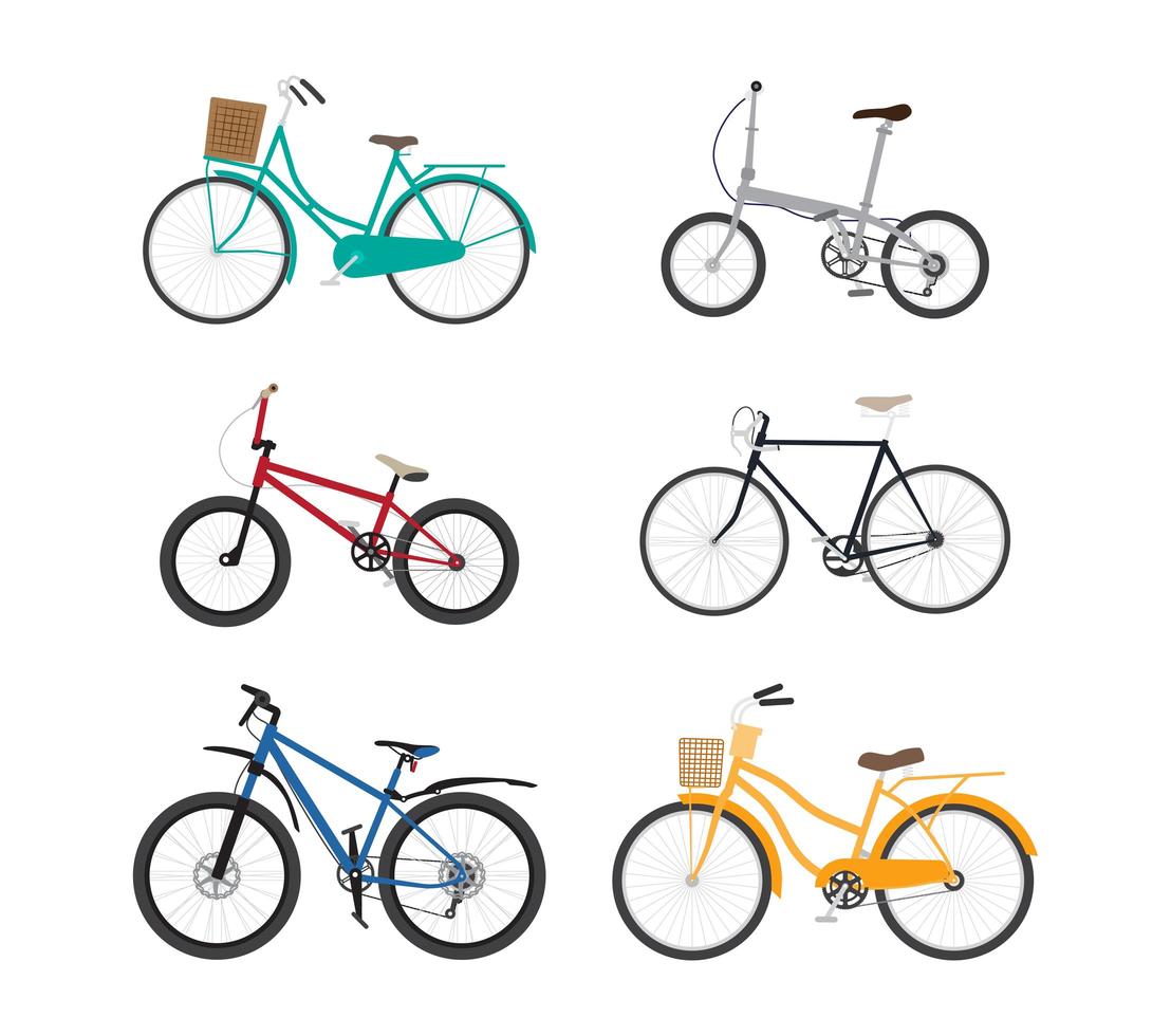 Bicicleta diseño plano conjunto aislado sobre fondo blanco. vector