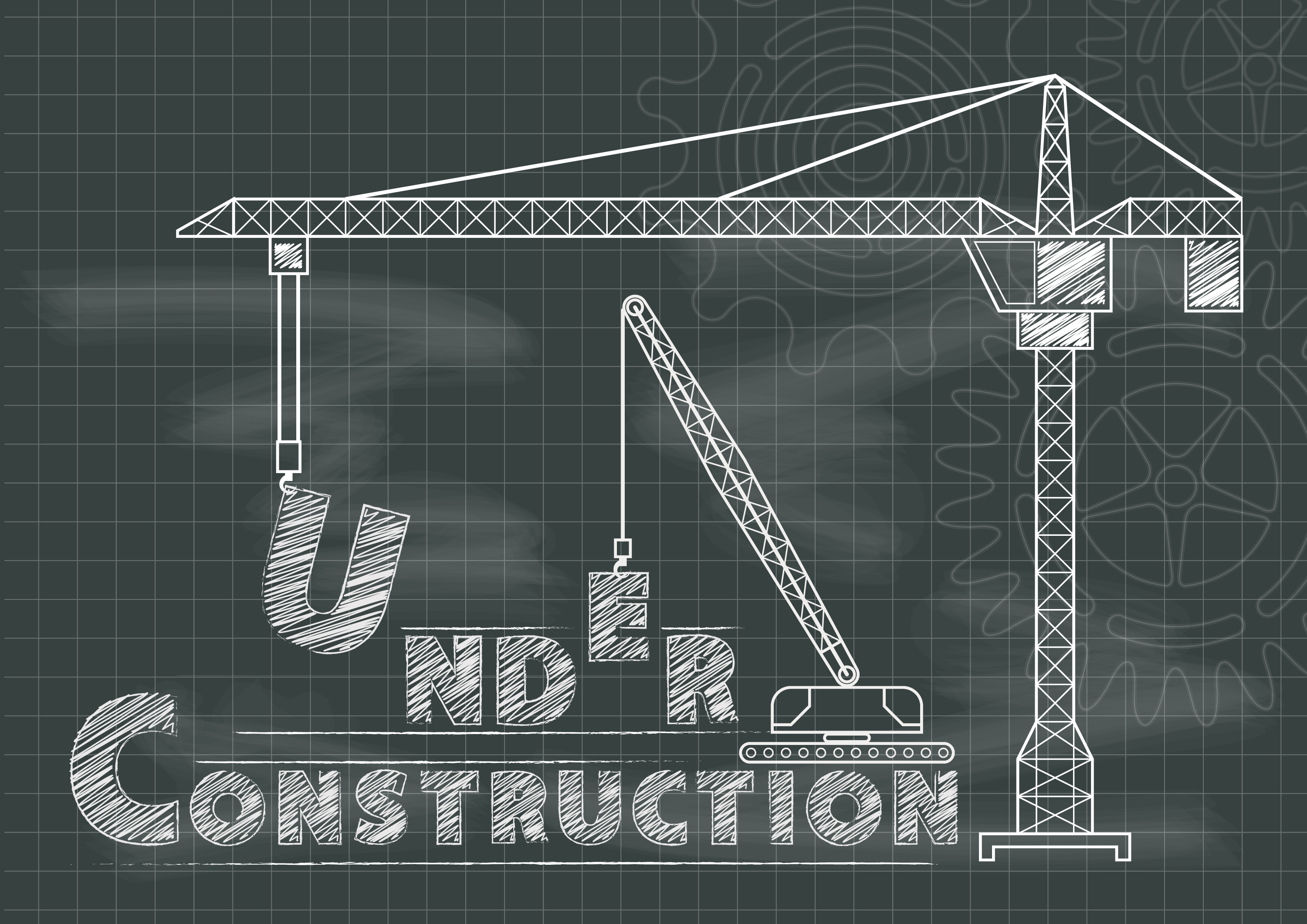 Chalkboard blueprint Under Construction sign with crane, gears and cogs