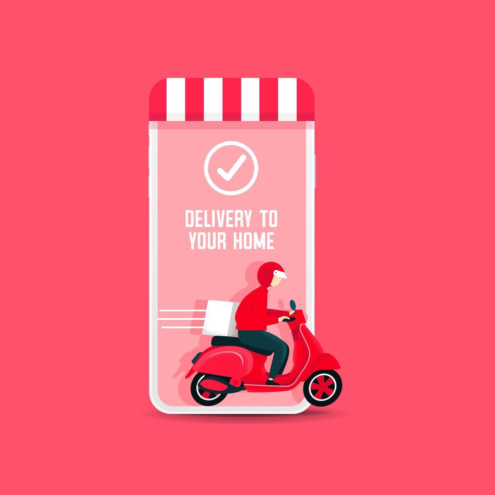 Delivery man riding a scooter out of the phone vector