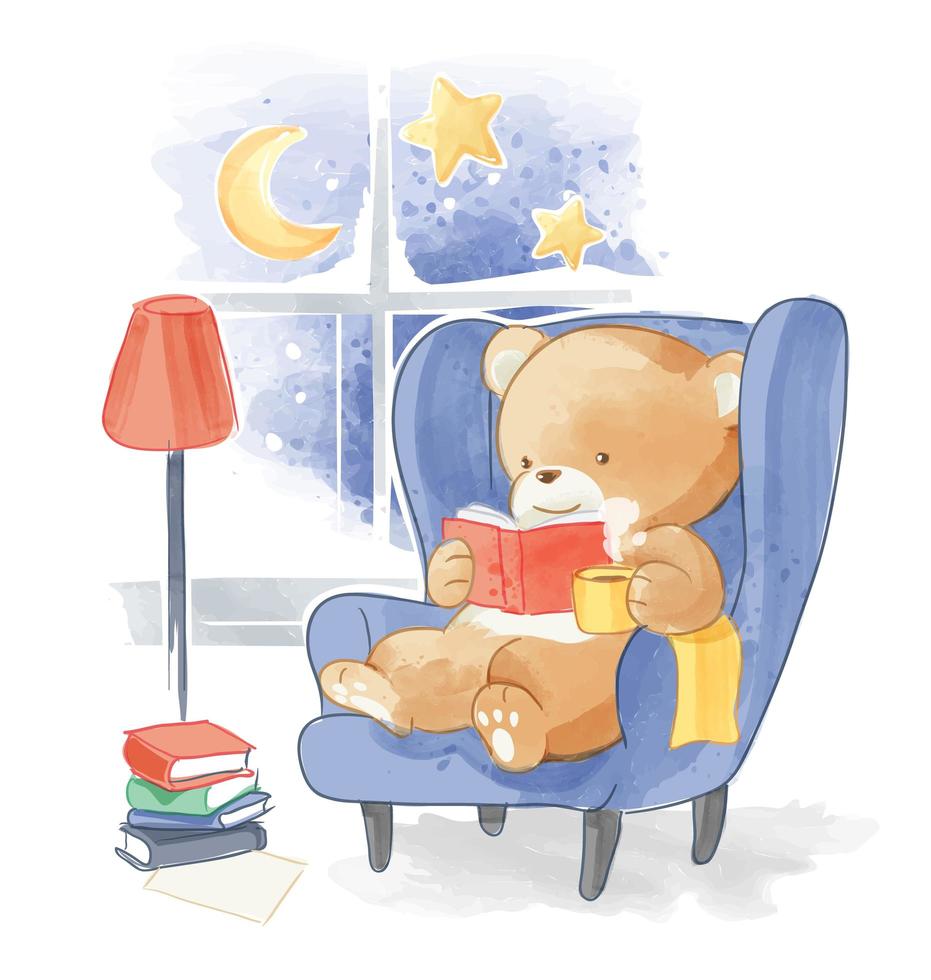 cute bear reading a book on sofa illustation vector