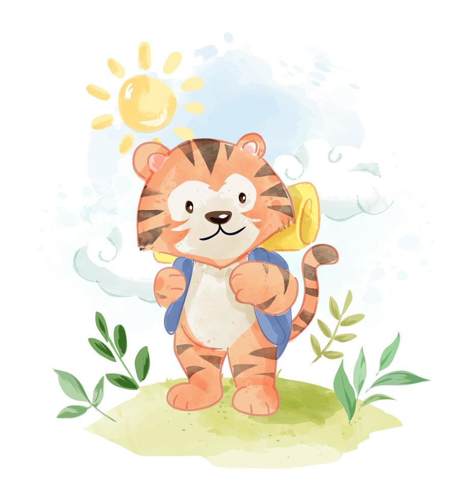 cartoon tiger with backpack camping  vector