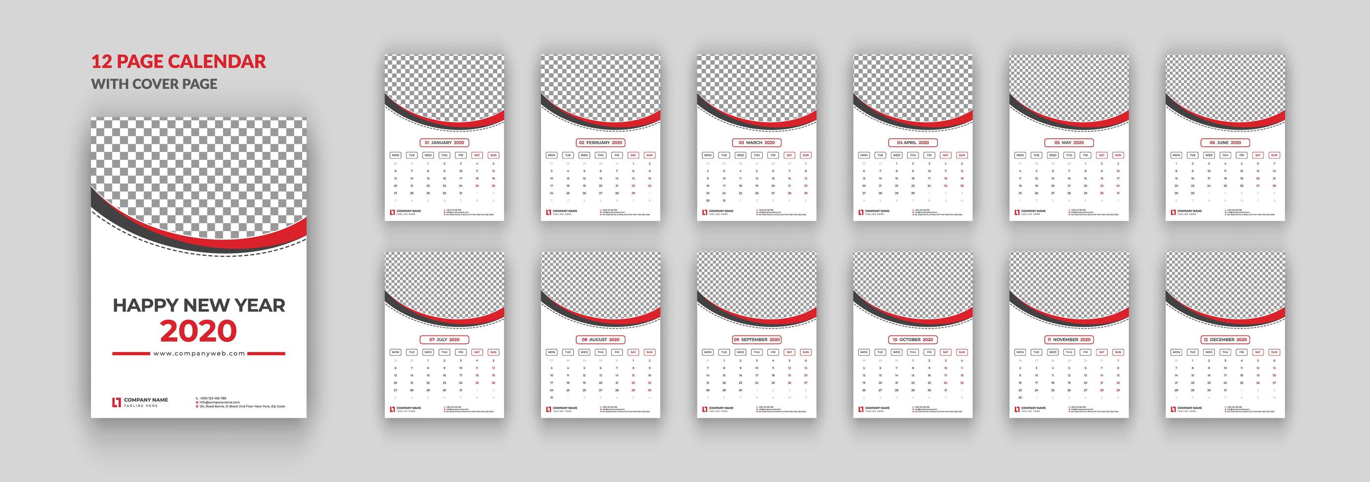 12 pages wall calendar 2020 with cover page vector