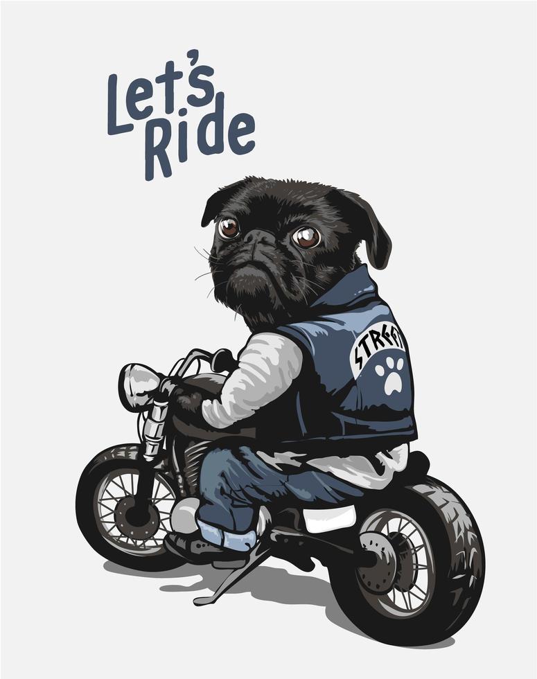 Pug negro en dibujos animados de motos vector