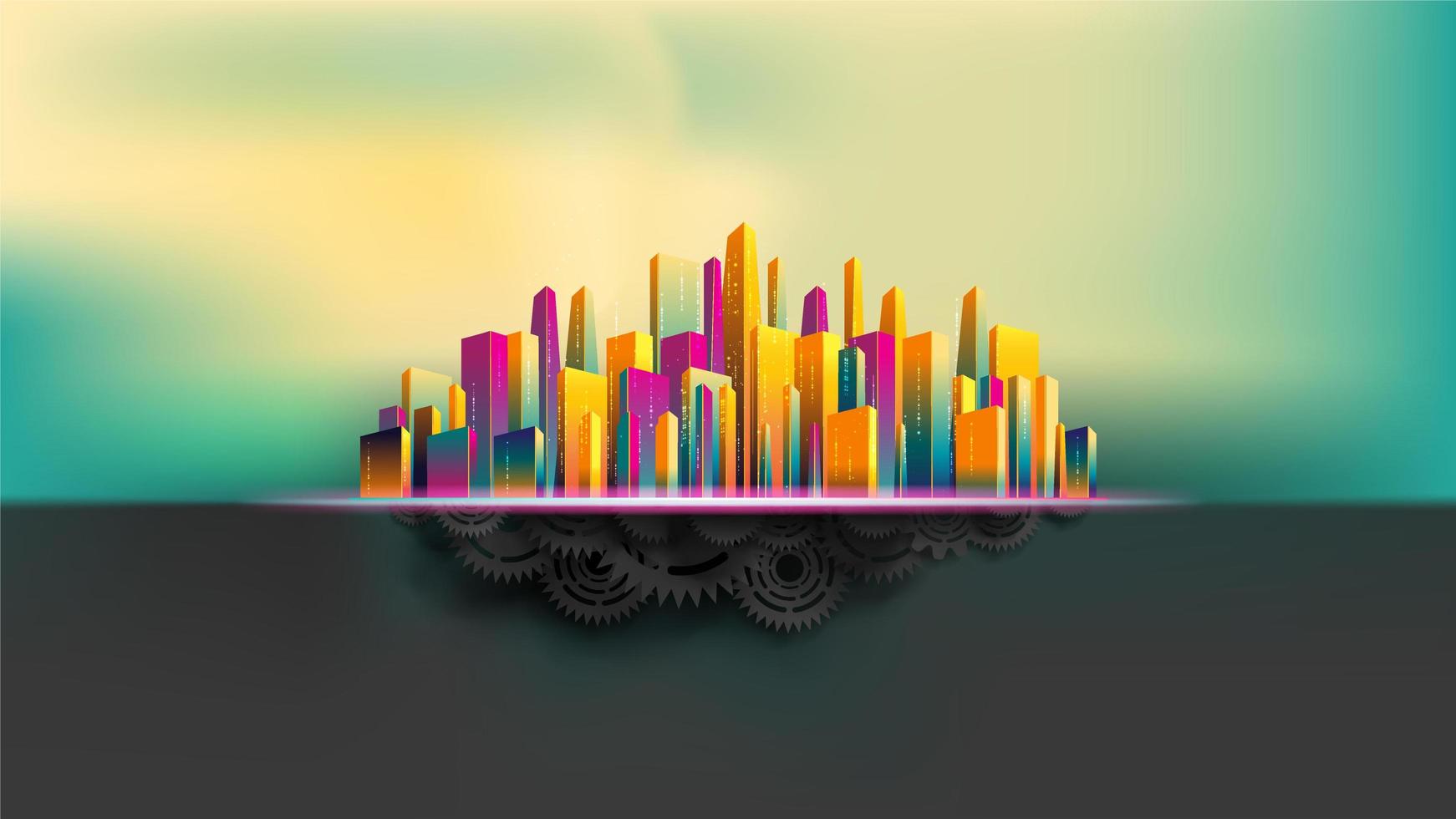 Colorful skyscraper buildings on top of gears and cogs vector