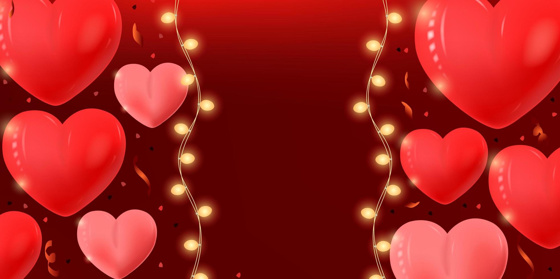 Banner de San Valentín con corazones y cuerdas de luz vector