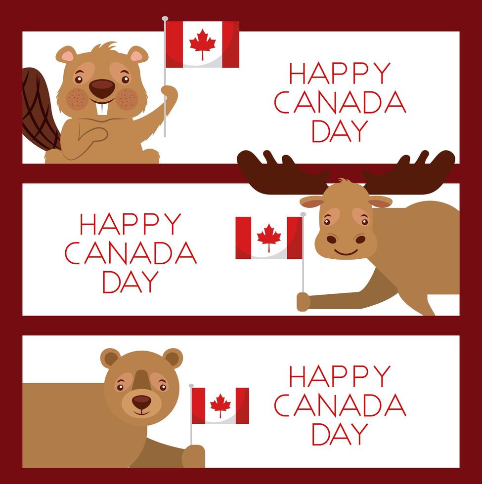 happy Canada day animal card set vector