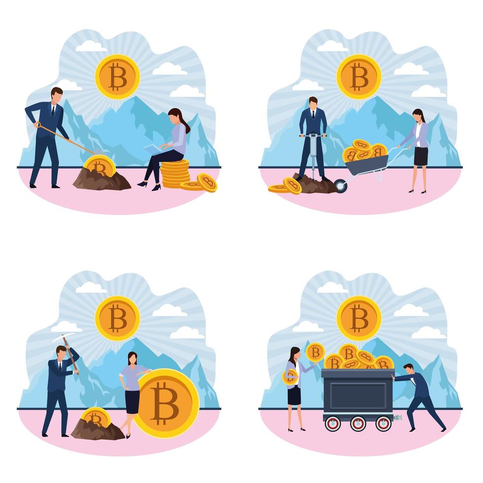 Conjunto de diseños de bitcoin de minería digital vector