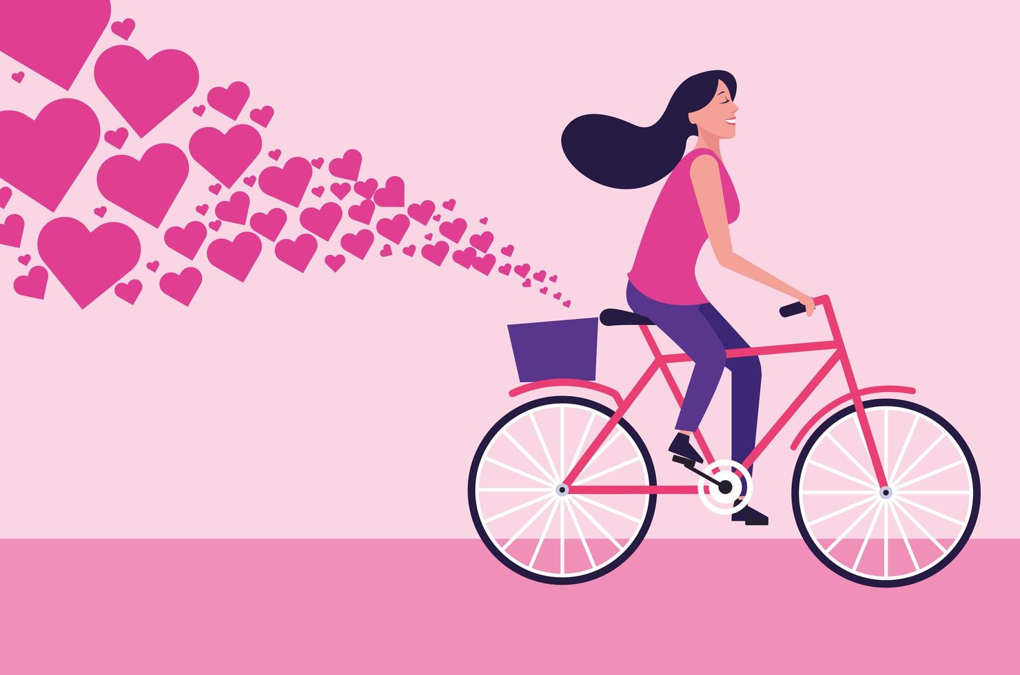 Mujer montando bicicleta de dibujos animados con corazones vector