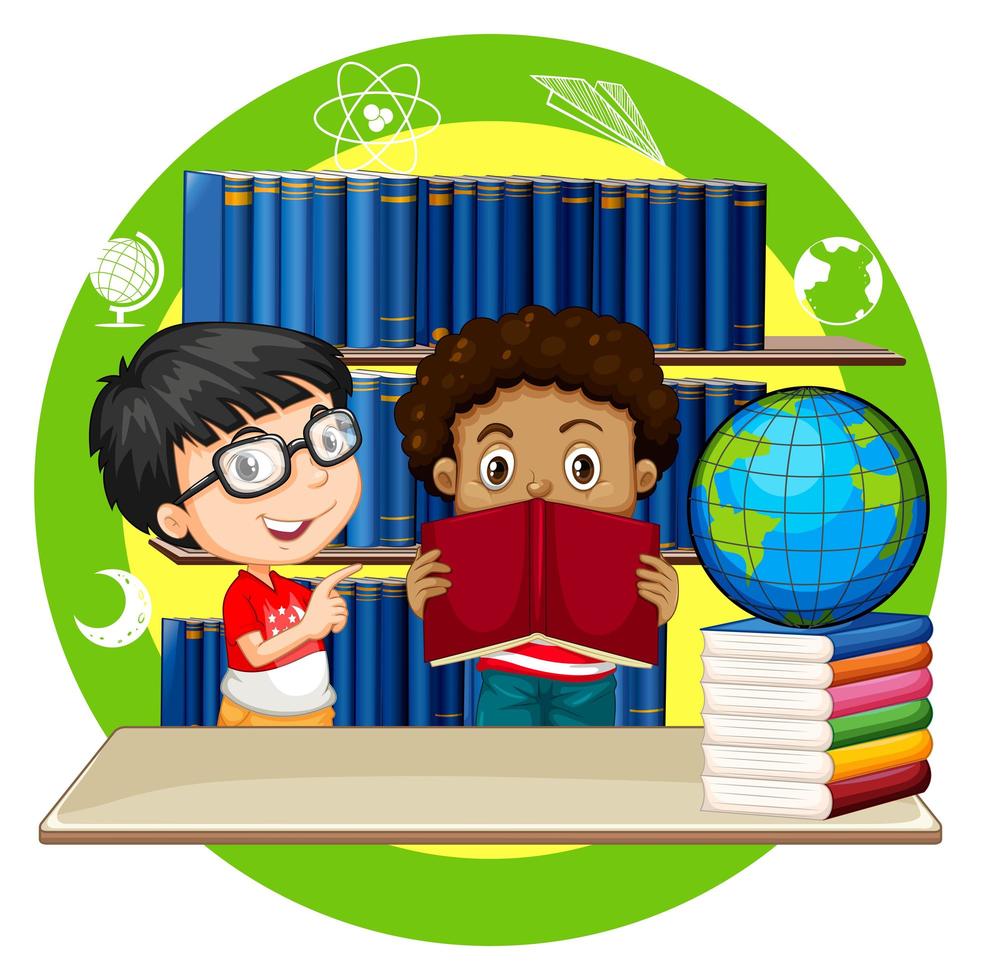 Two boys reading books at school vector