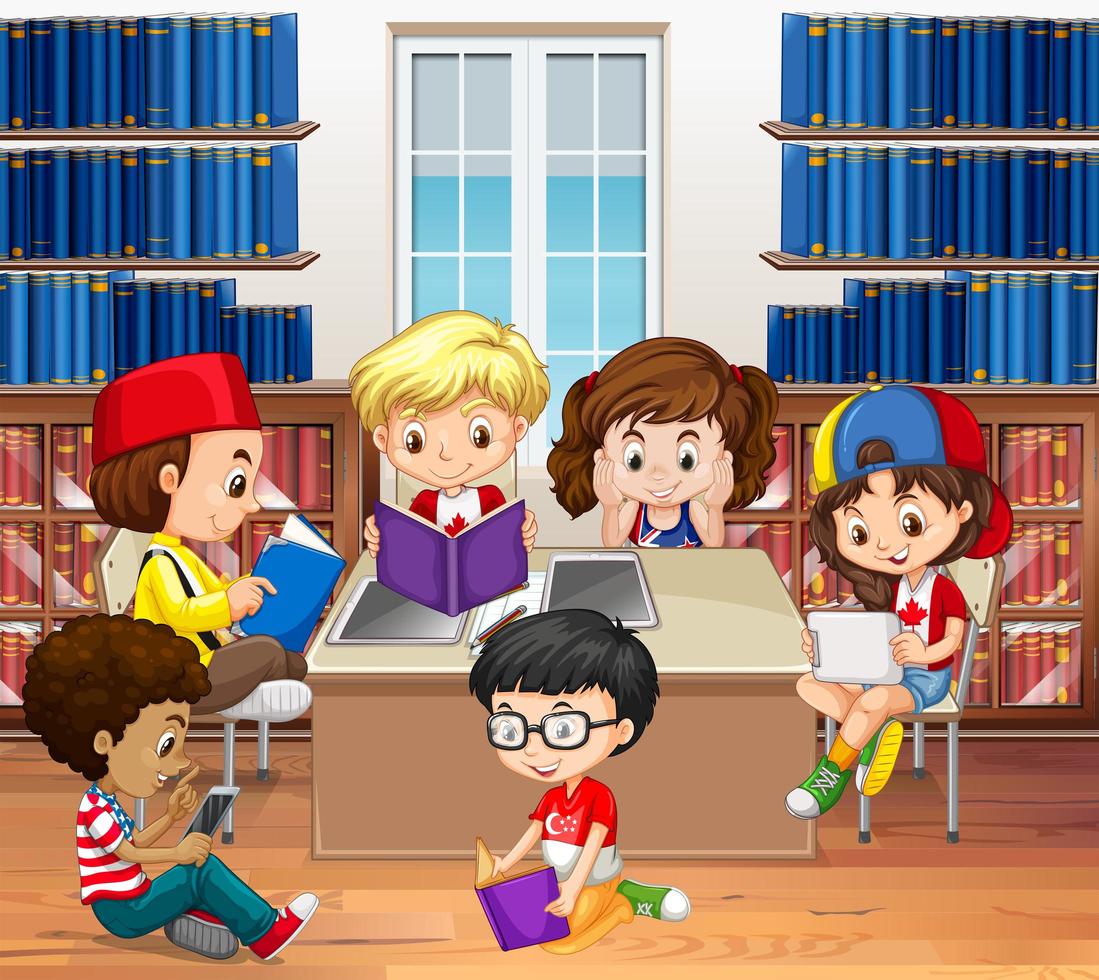 Niños y niñas leyendo en la biblioteca vector