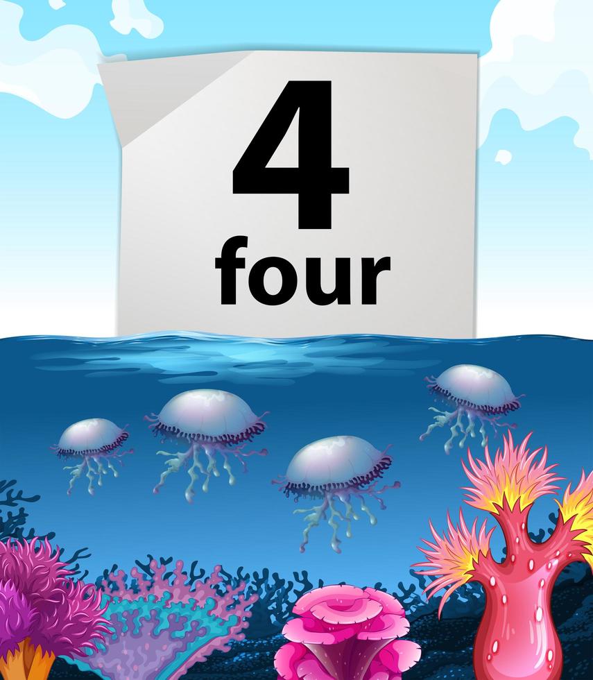 Number four and jellyfish underwater vector