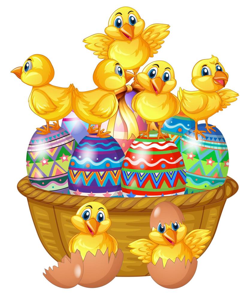 Cute chicks standing on decorated Easter egg vector