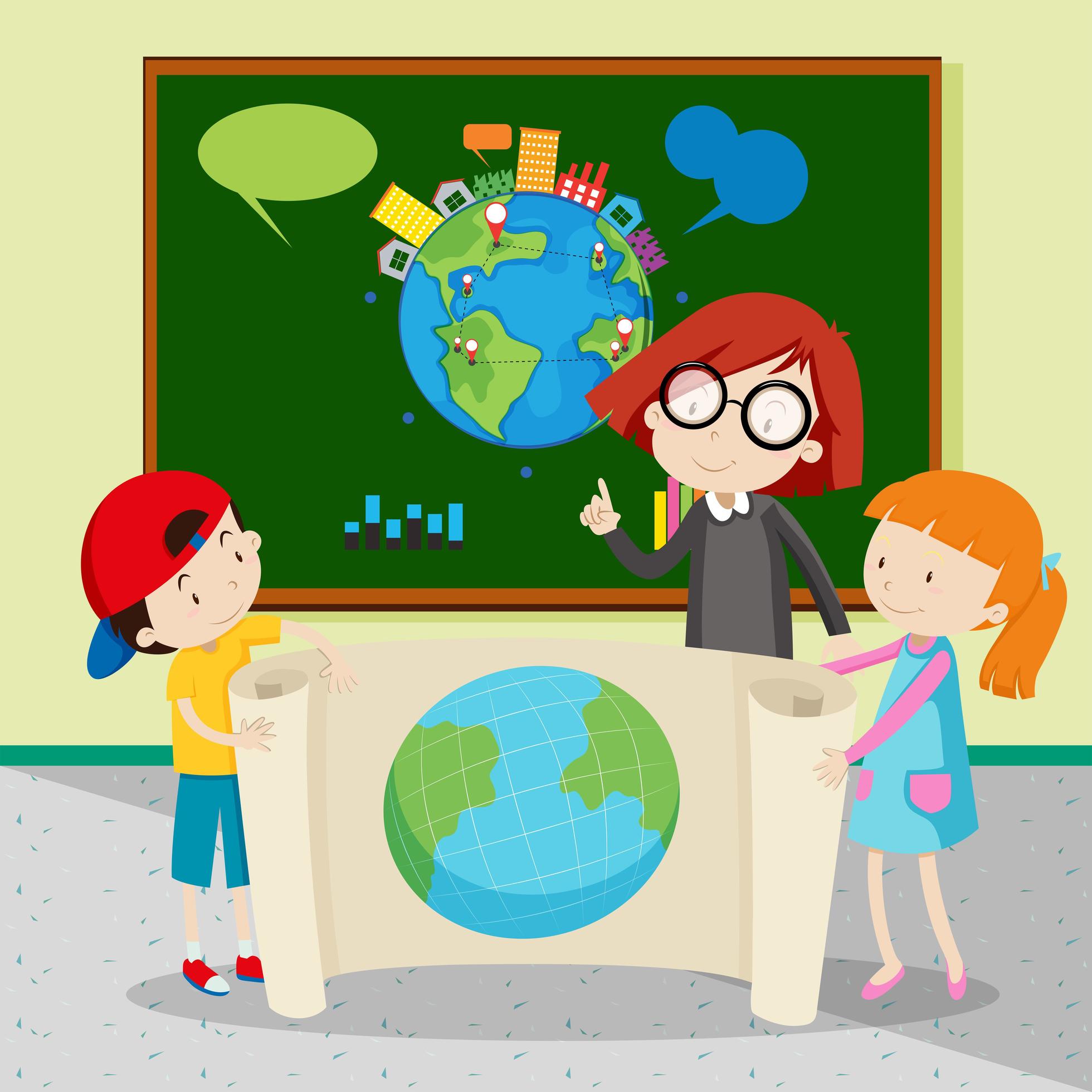 Estudiantes con gran mapa del mundo 693449 Vector en Vecteezy