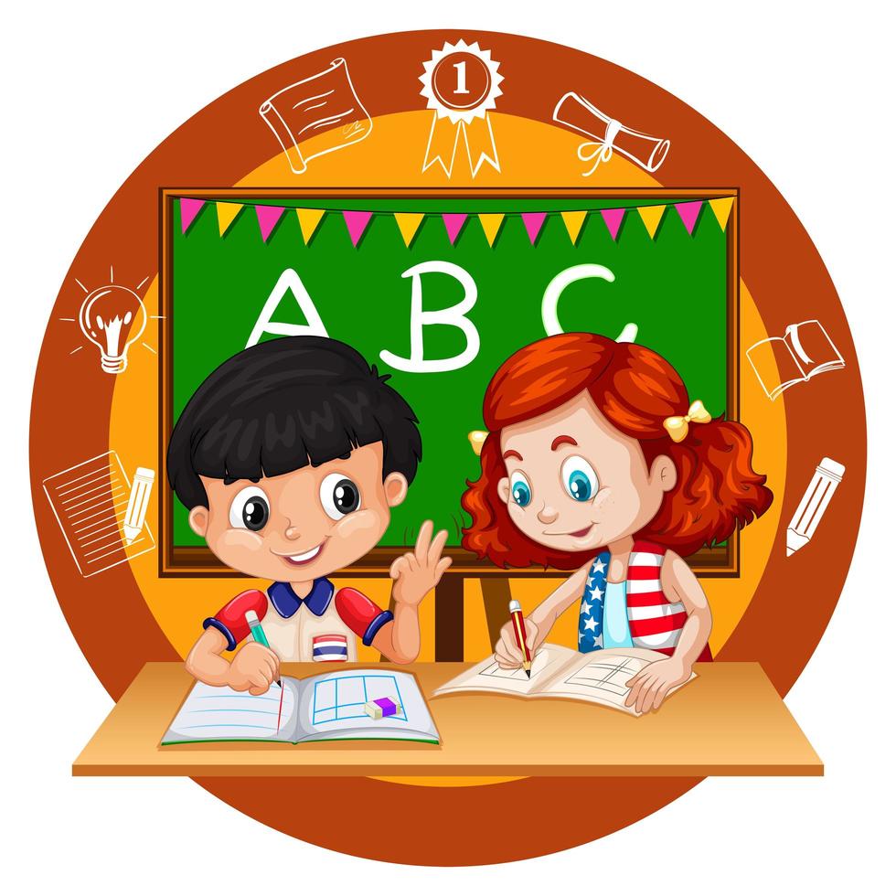 Two students doing homework vector