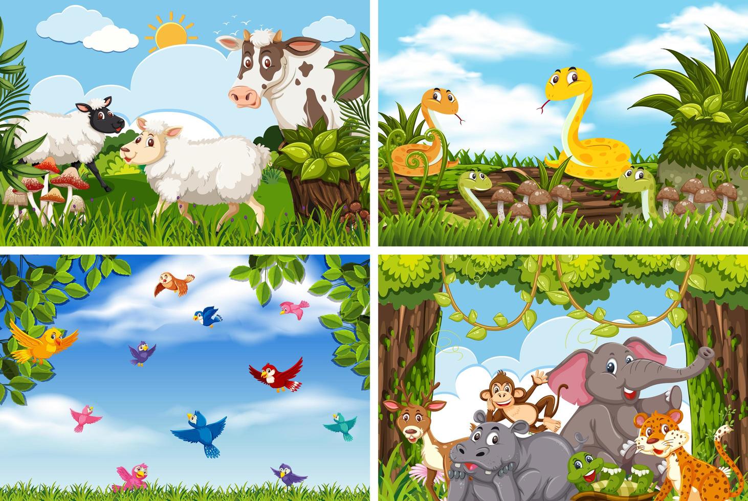 Set of various animals in nature scenes vector