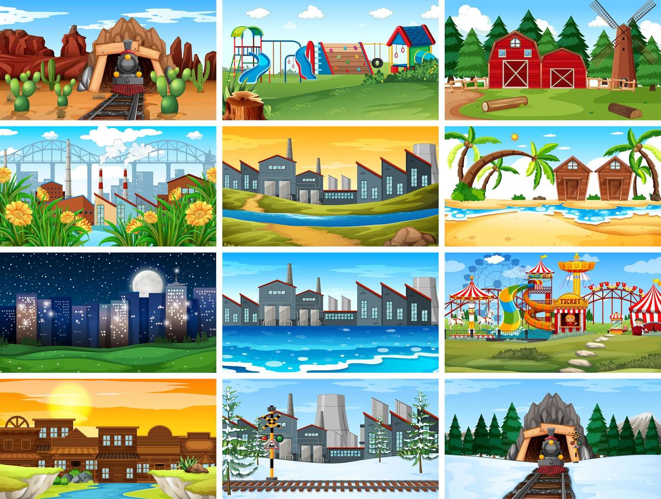 Set of scenes in nature with buildings vector