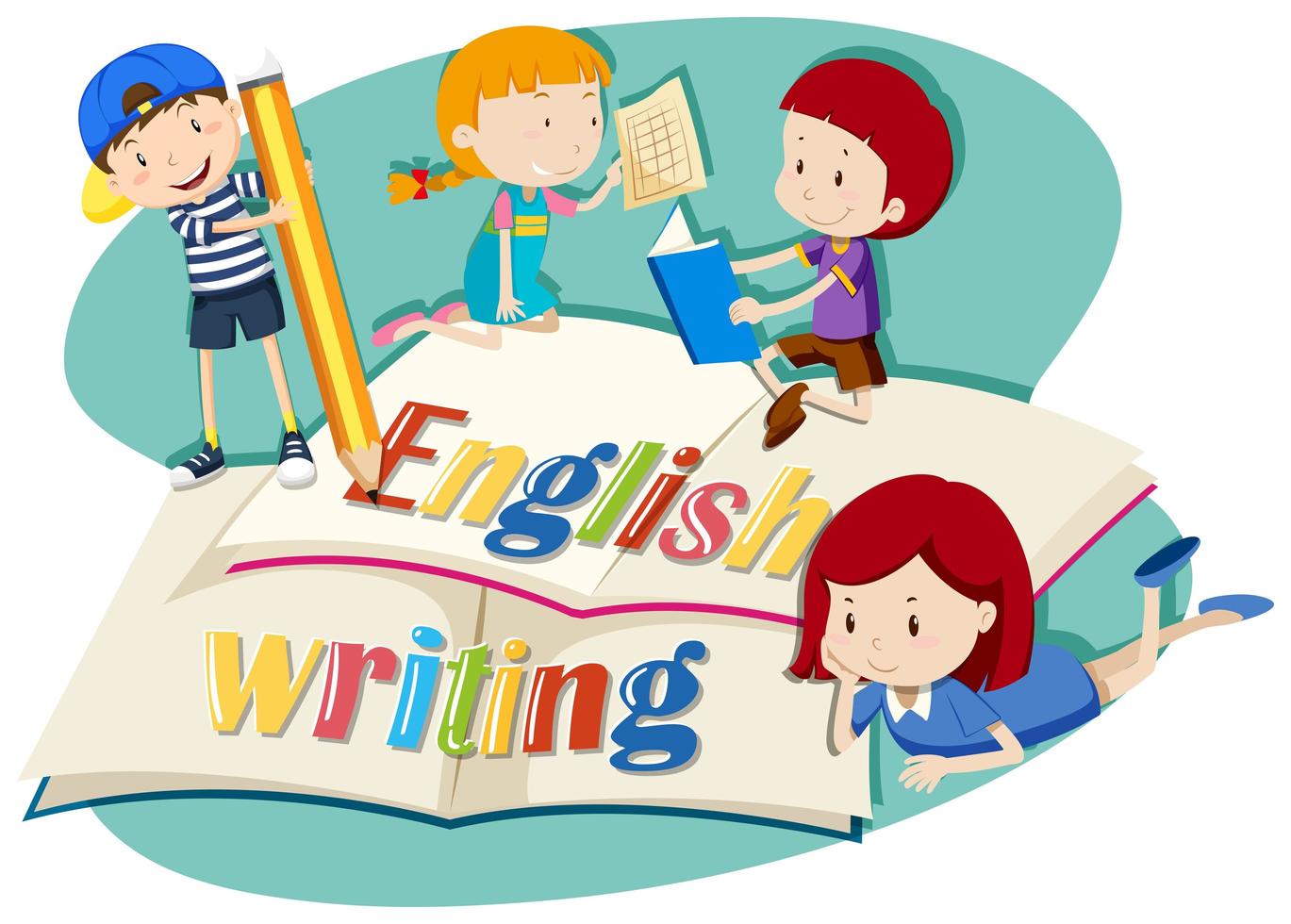 Niños trabajando en escritura inglesa vector