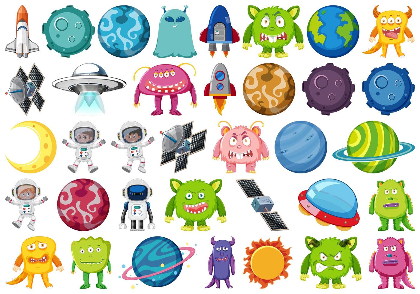 Set of space aliens and objects vector