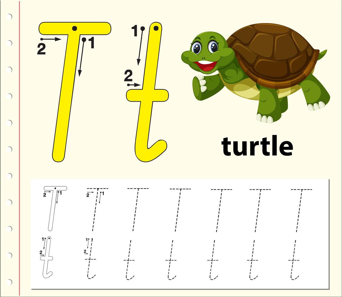 Letter T tracing alphabet worksheets vector