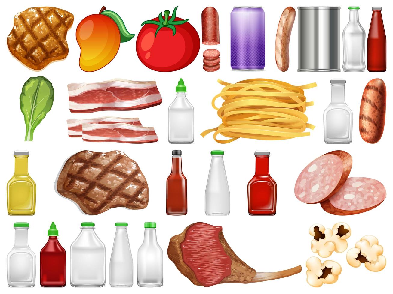 Conjunto de objetos de alimentos y contenedores. vector