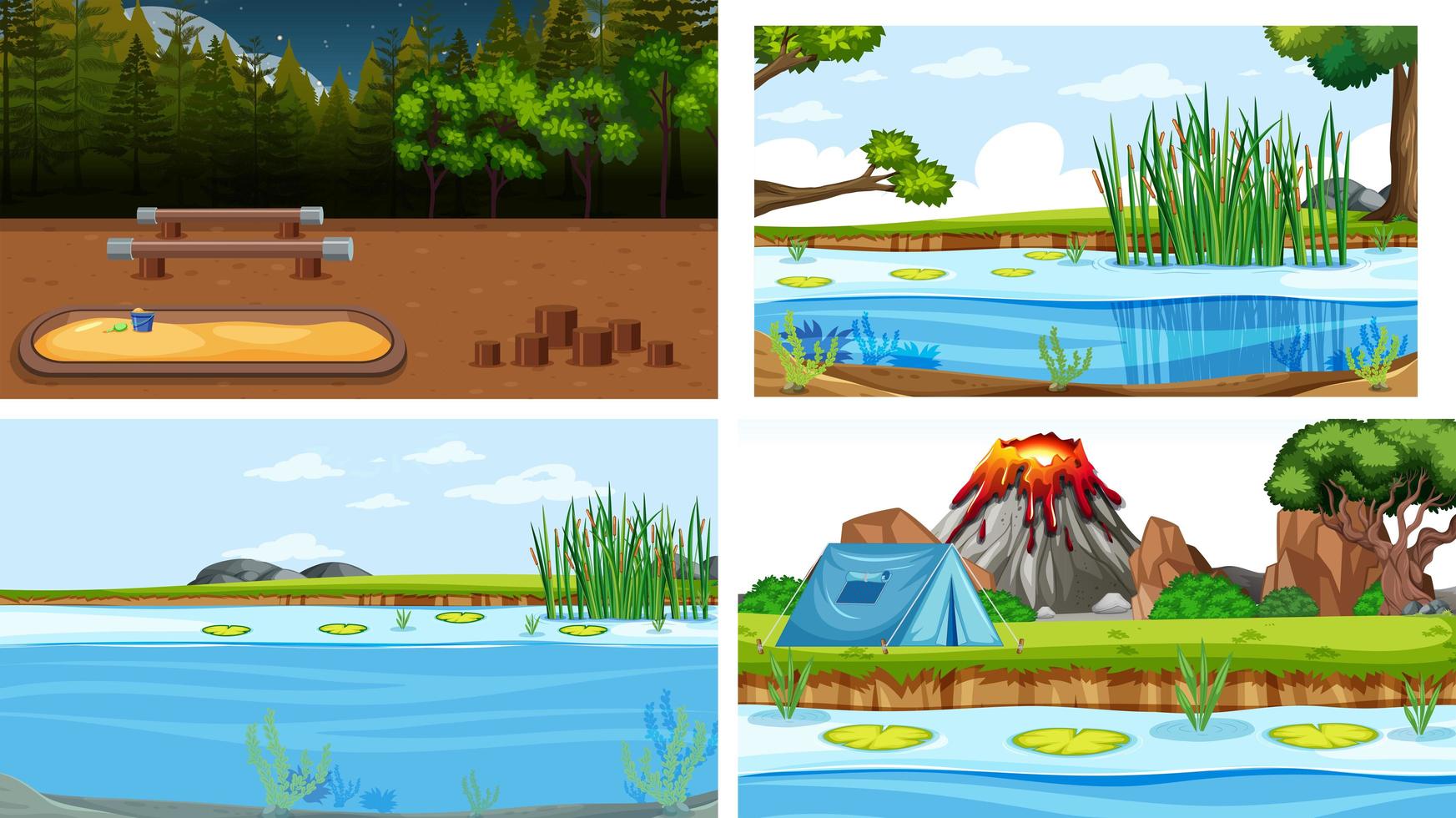 Set of scenes in nature with camping  vector