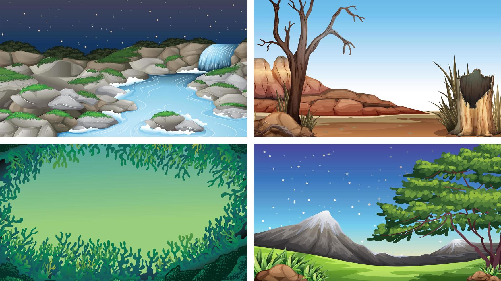 Conjunto de escenas en la naturaleza con agua y montaña. vector