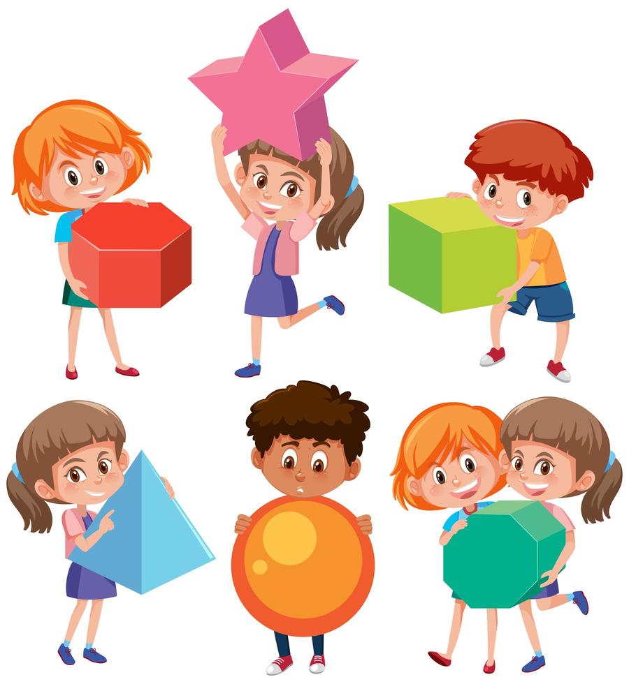 Children character holding geometry shapes vector