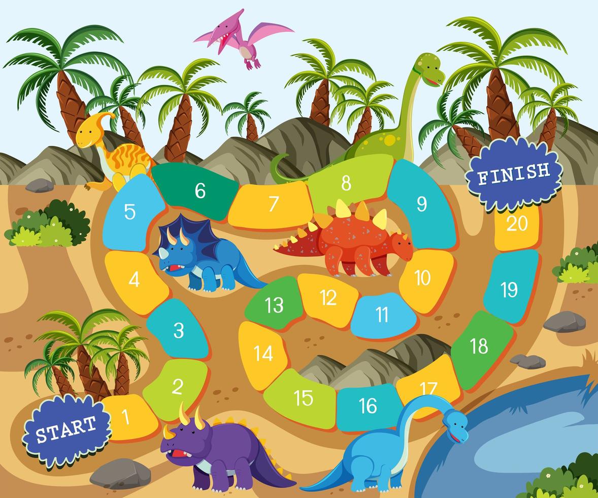 Una plantilla de juego de mesa de dinosaurios vector