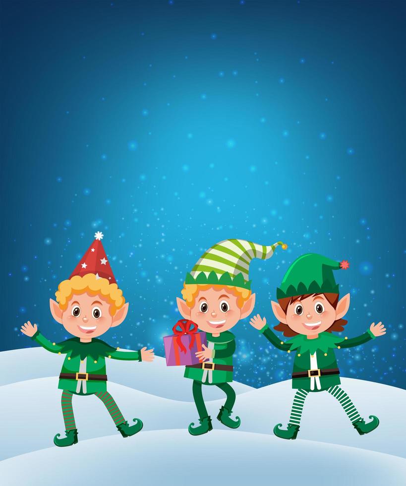 Elf holding gift on snow background vector