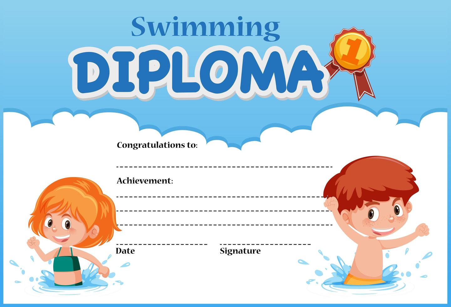 Swimming diploma certificate template vector