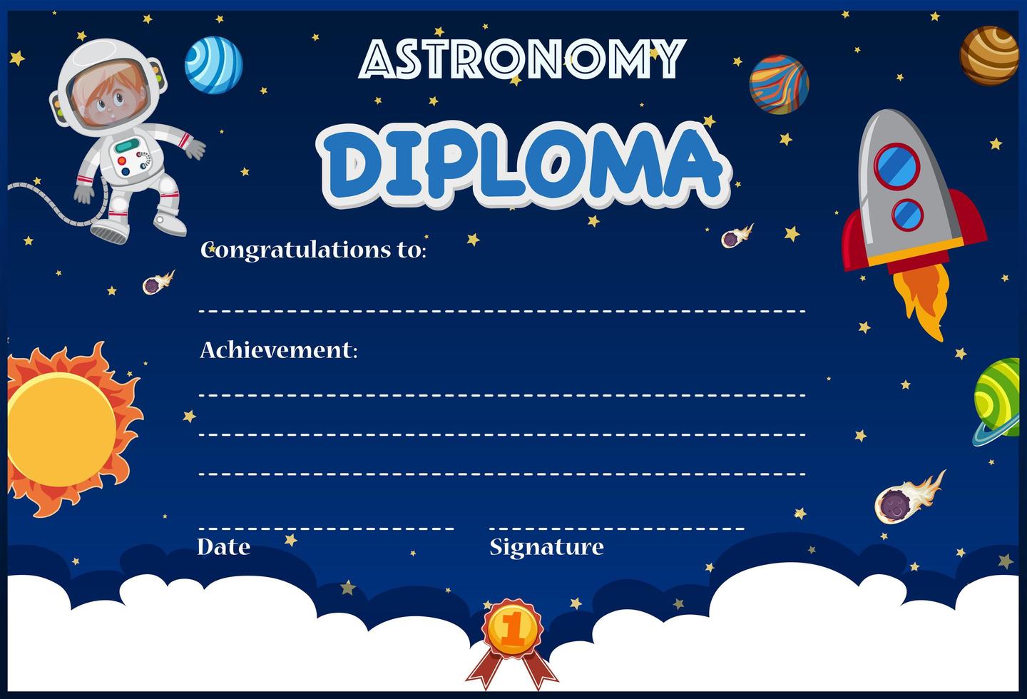 Una plantilla de diploma de astronomía vector