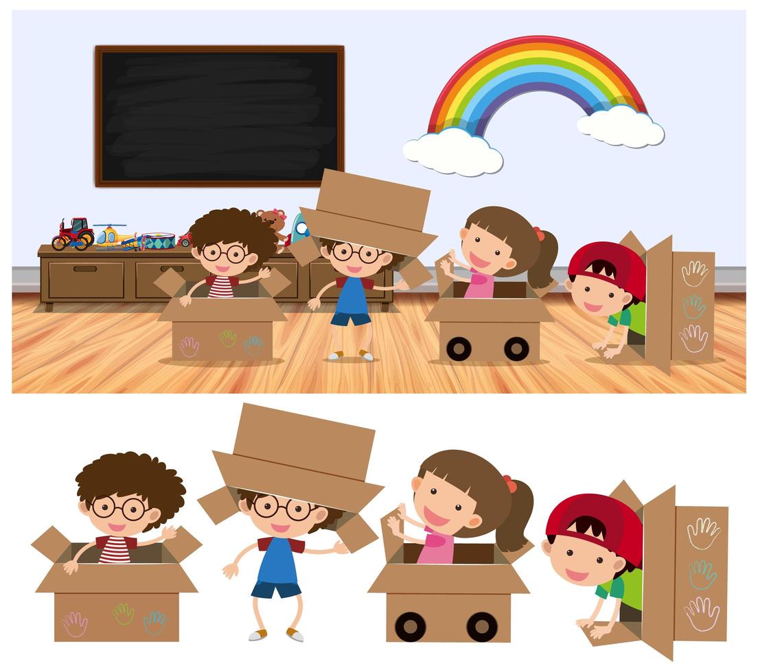 Kids playing in boxes on white vector