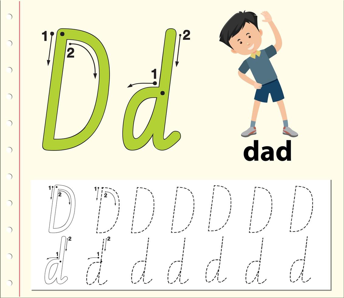 Letter D tracing alphabet worksheets vector