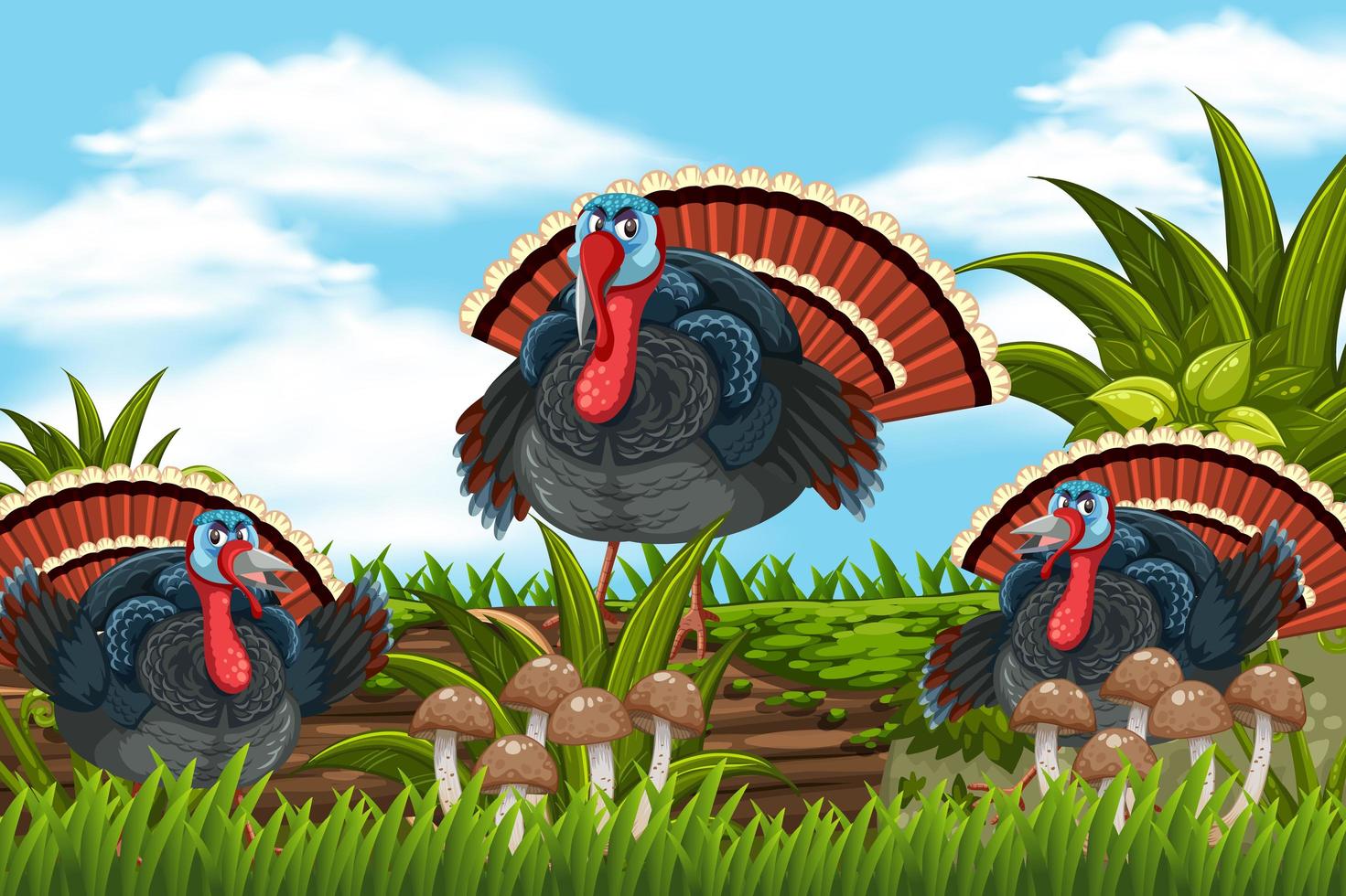 Turkeys in nature scene vector