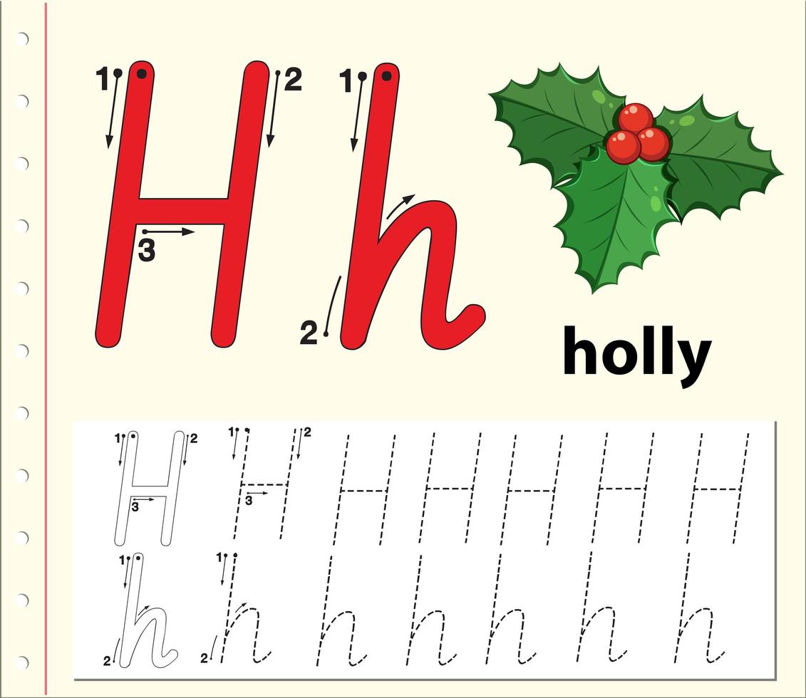 Letter H tracing alphabet worksheets vector