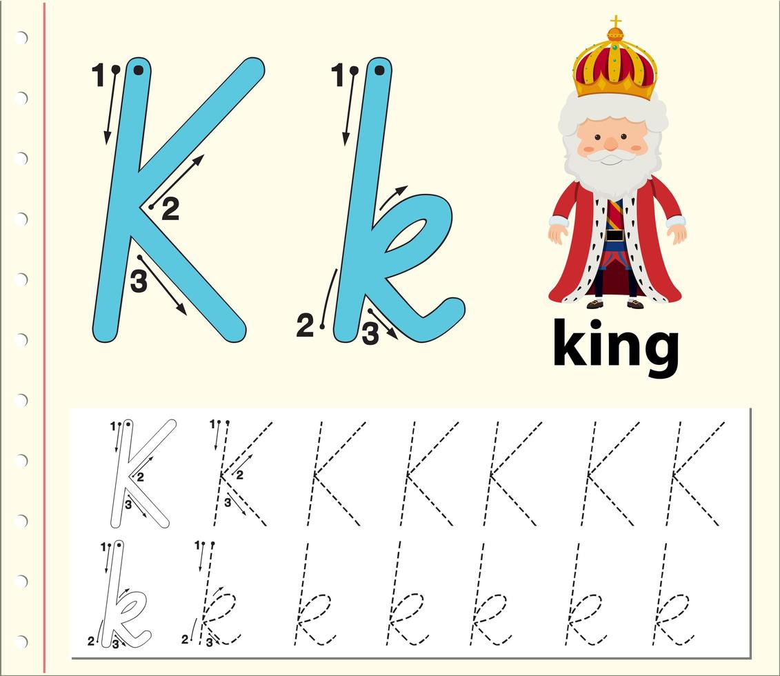 Letter K tracing alphabet worksheets vector