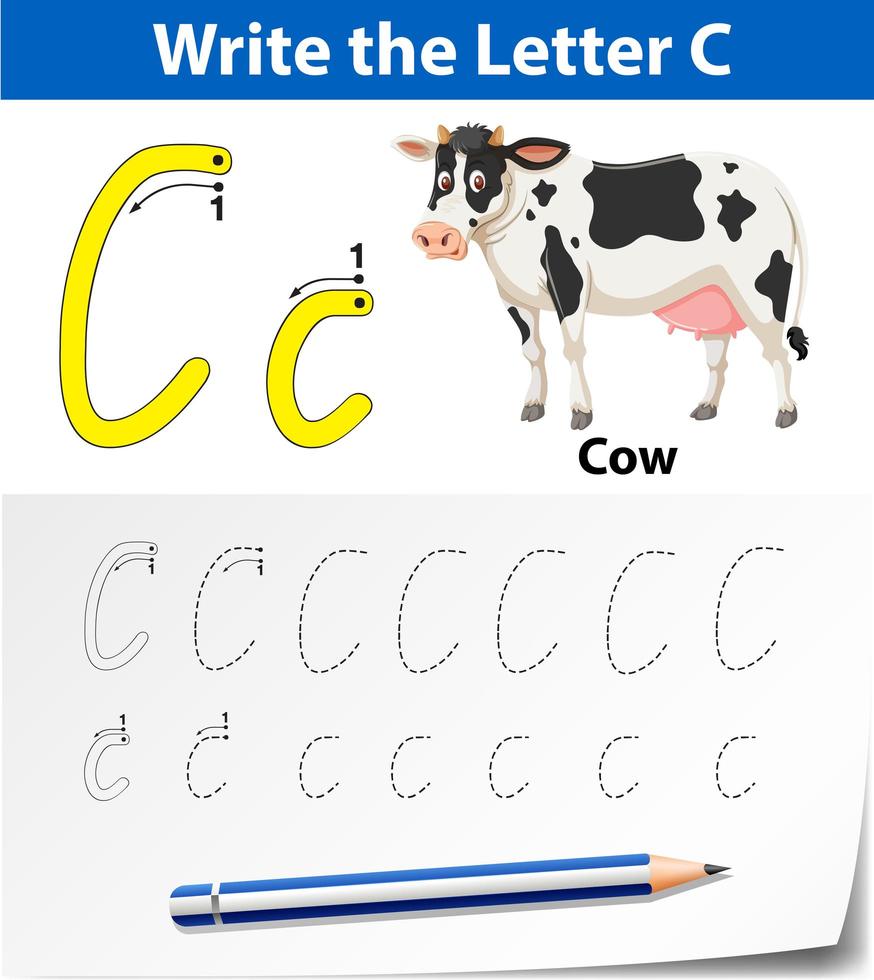 Letter C tracing alphabet worksheets vector