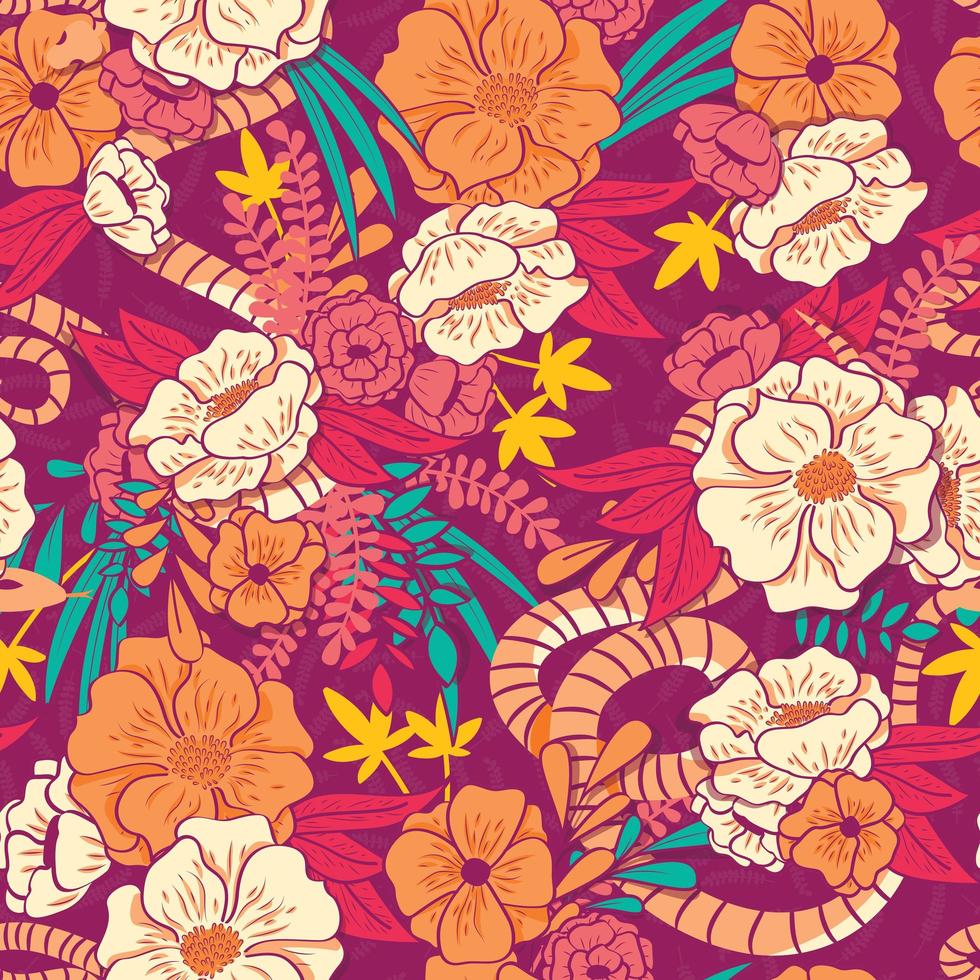 Floral jungle with snakes seamless pattern vector