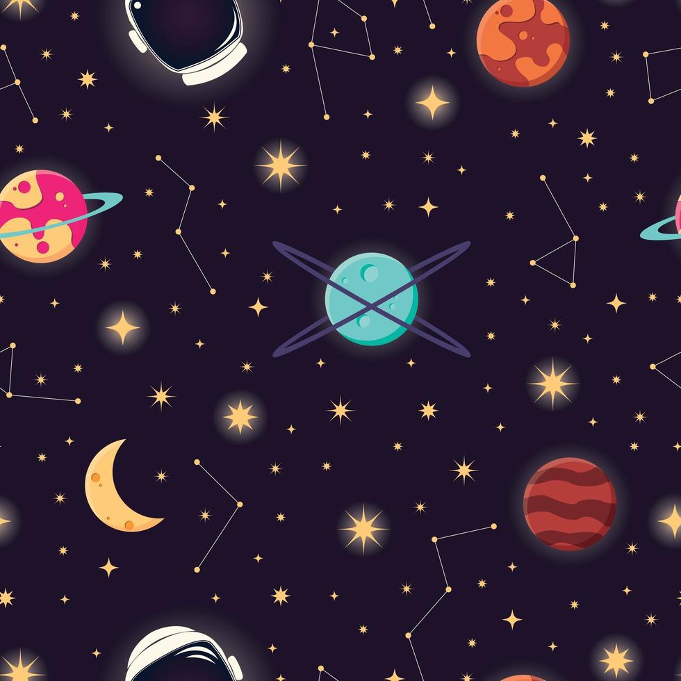 Universe with planets, stars and astronaut helmet seamless pattern vector