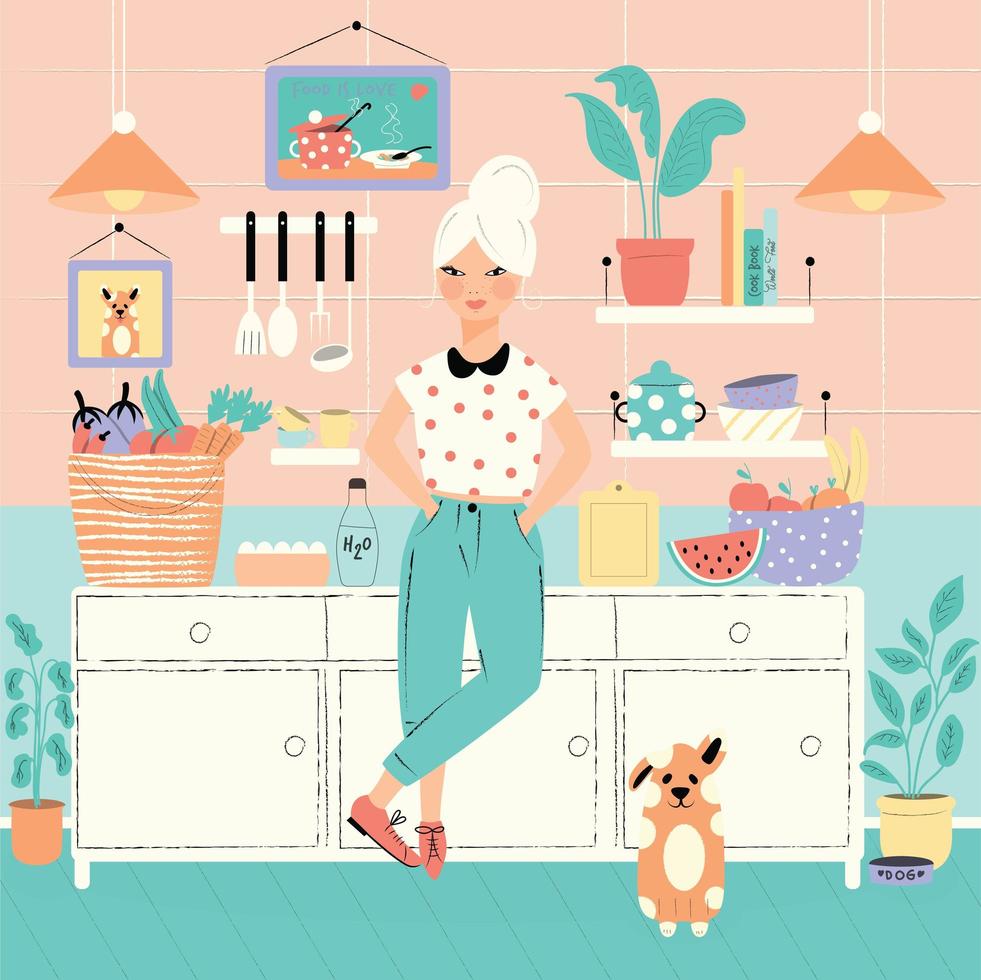 A woman in her kitchen with food and dog vector