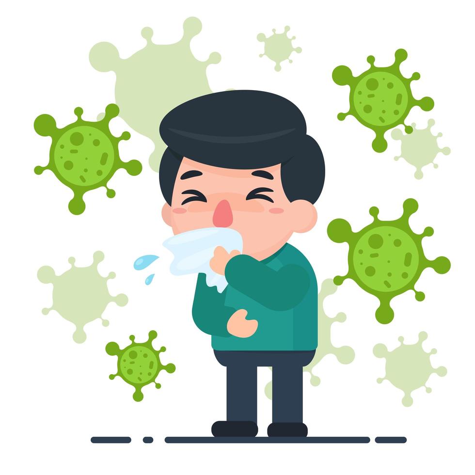 Hombre de dibujos animados enfermo con gripe y gérmenes vector