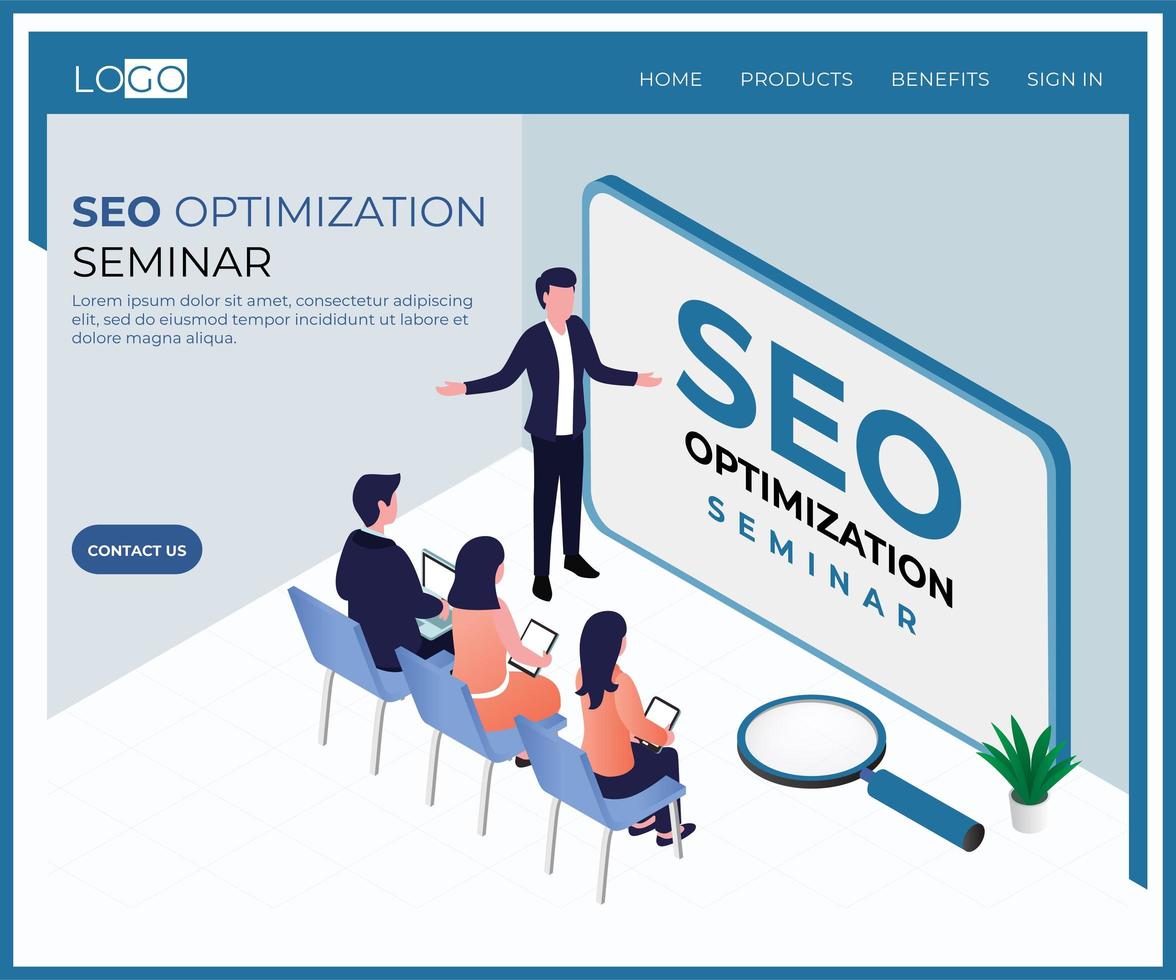 isometric SEO seminar landing page vector