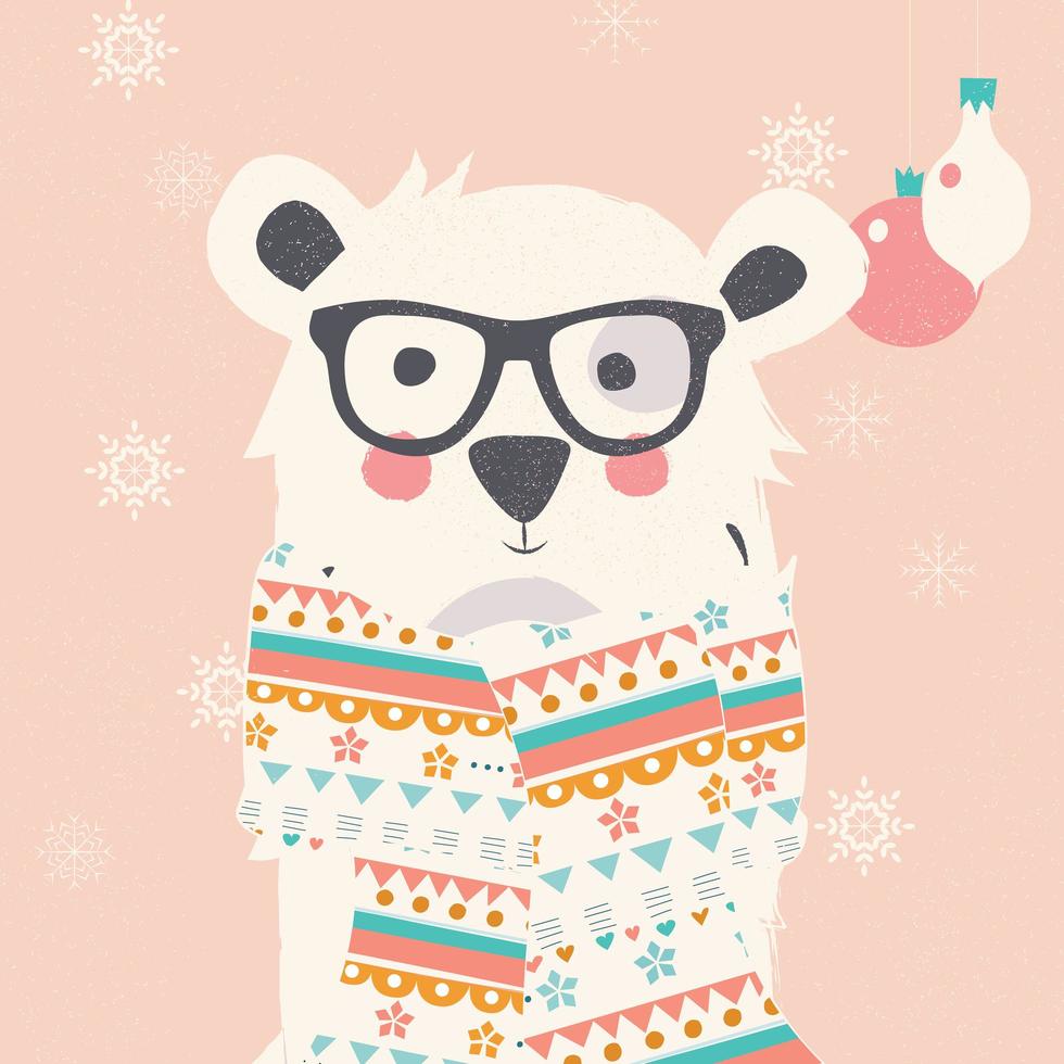 Christmas postcard with hipster polar bear wearing scarf vector