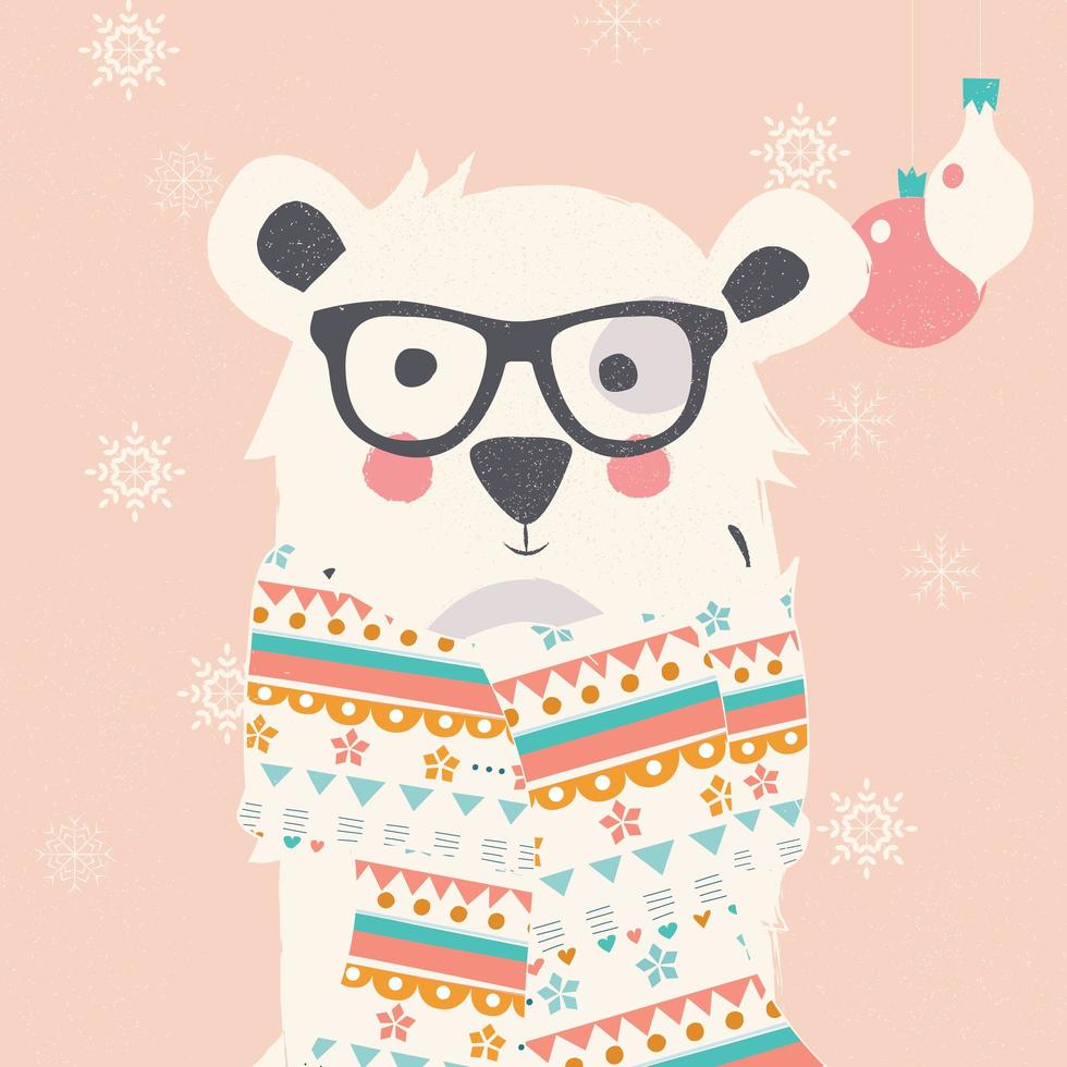 Postal de Navidad con oso polar hipster con bufanda vector