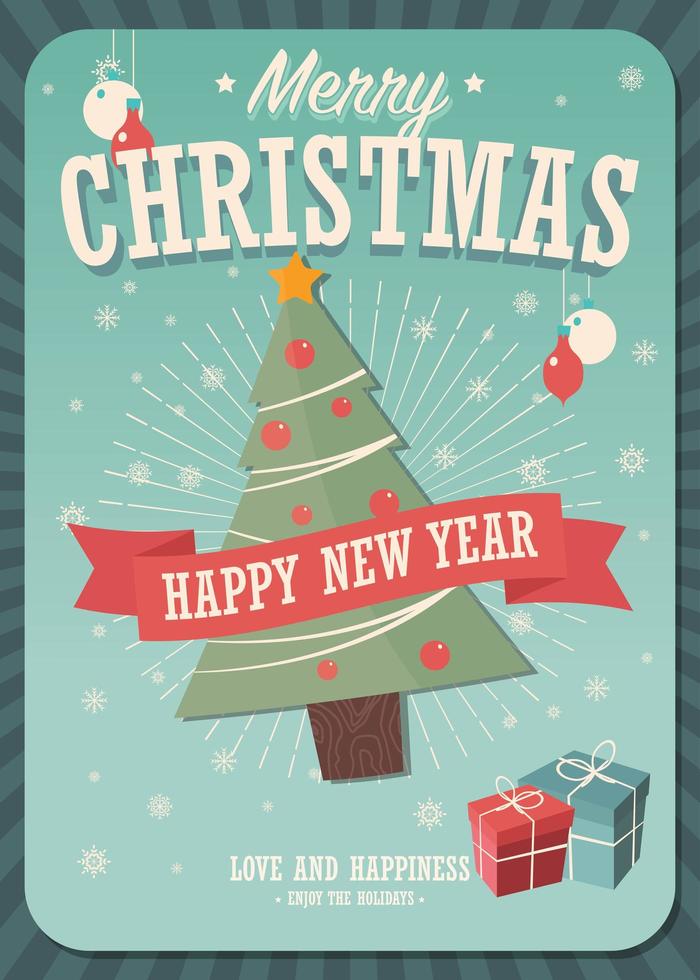 Feliz tarjeta de navidad con árbol de navidad y regalos vector