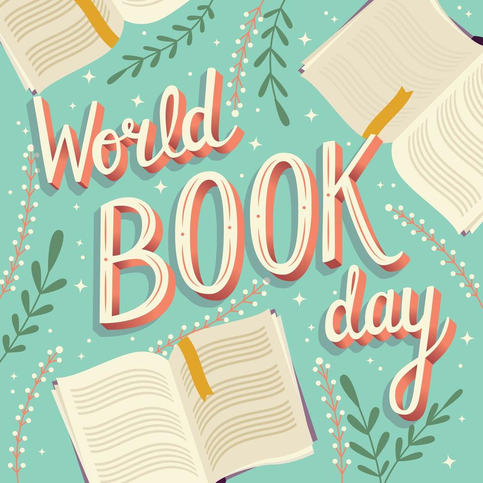 World book day, hand lettering typography modern poster design with open books vector