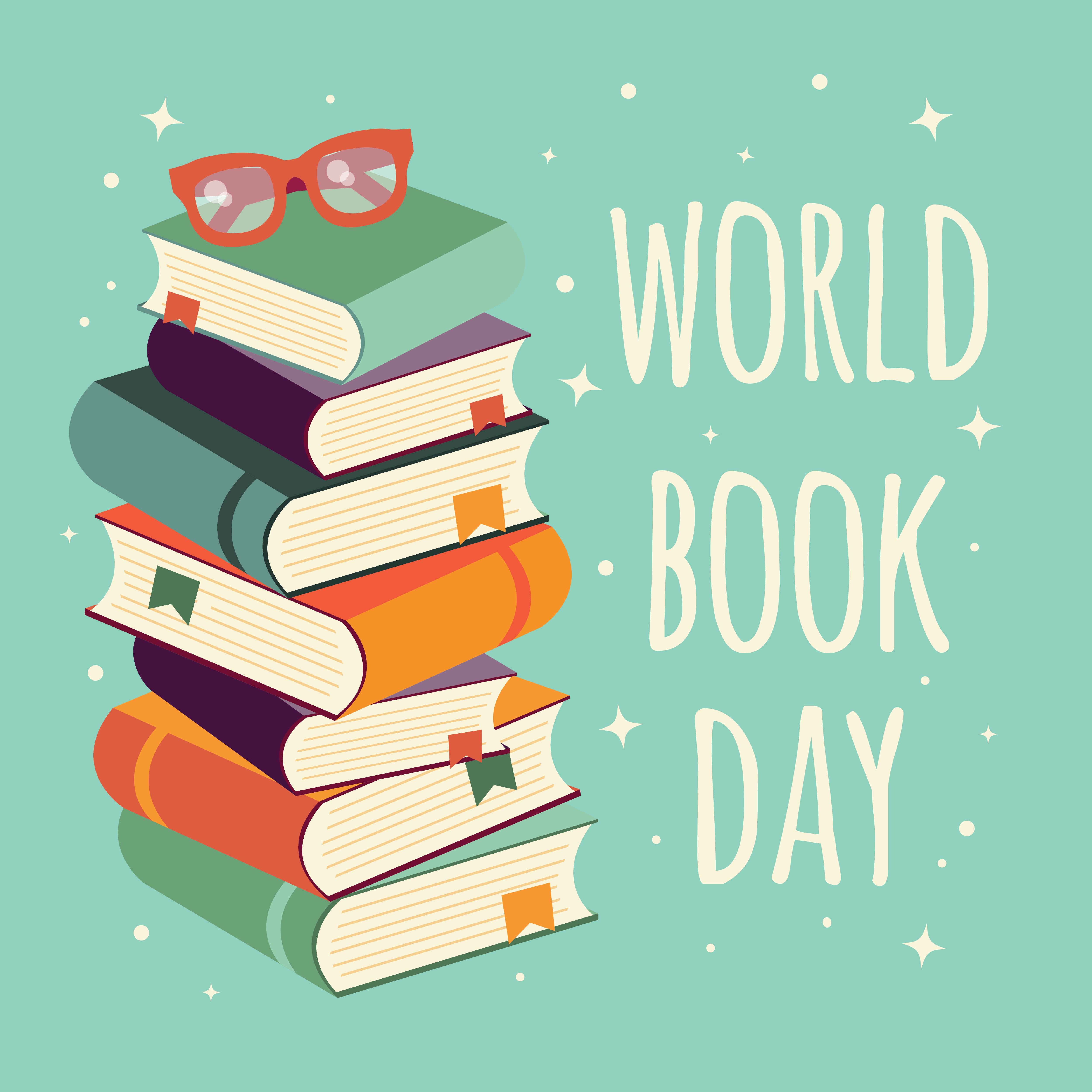 World book day, stack of books with glasses on mint background 694087
