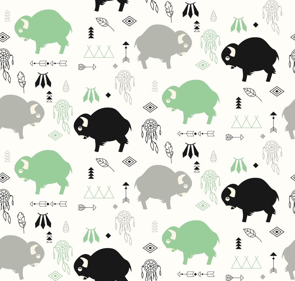 Seamless pattern with buffaloes and native American symbols vector