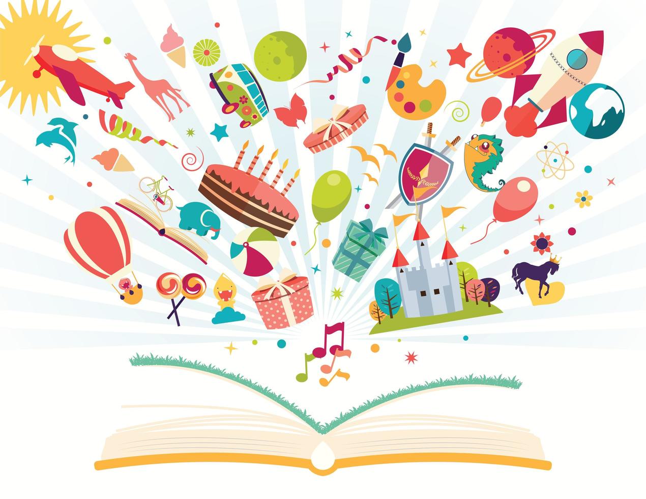 pen book with air balloon, rocket, airplane flying out vector